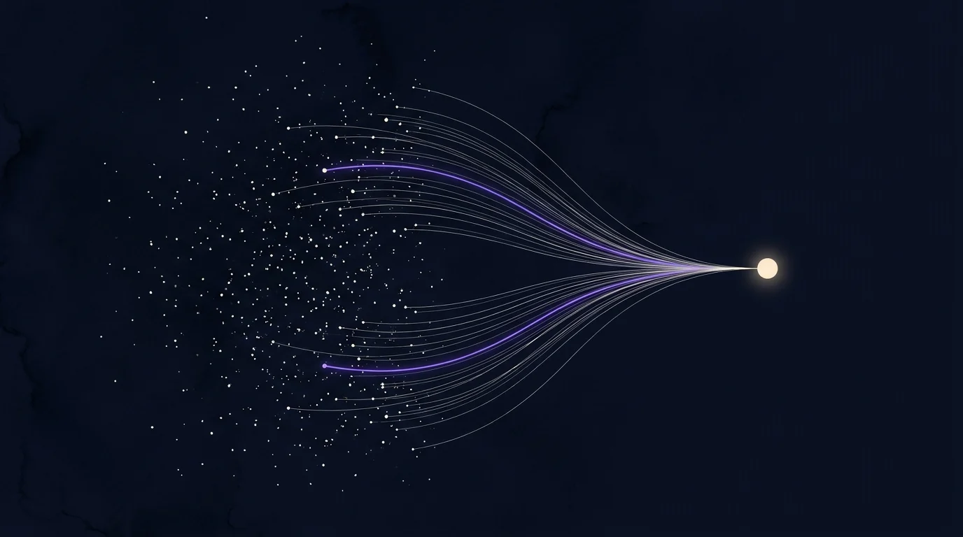 Abstract figure: hundreds of small points with fine lines converging on one bright point, three paths marked in violet